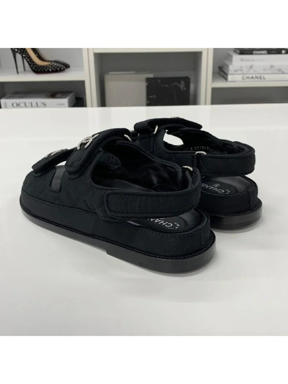 Chanel Fabric CC Logo Rhinestone Velcro Sandals